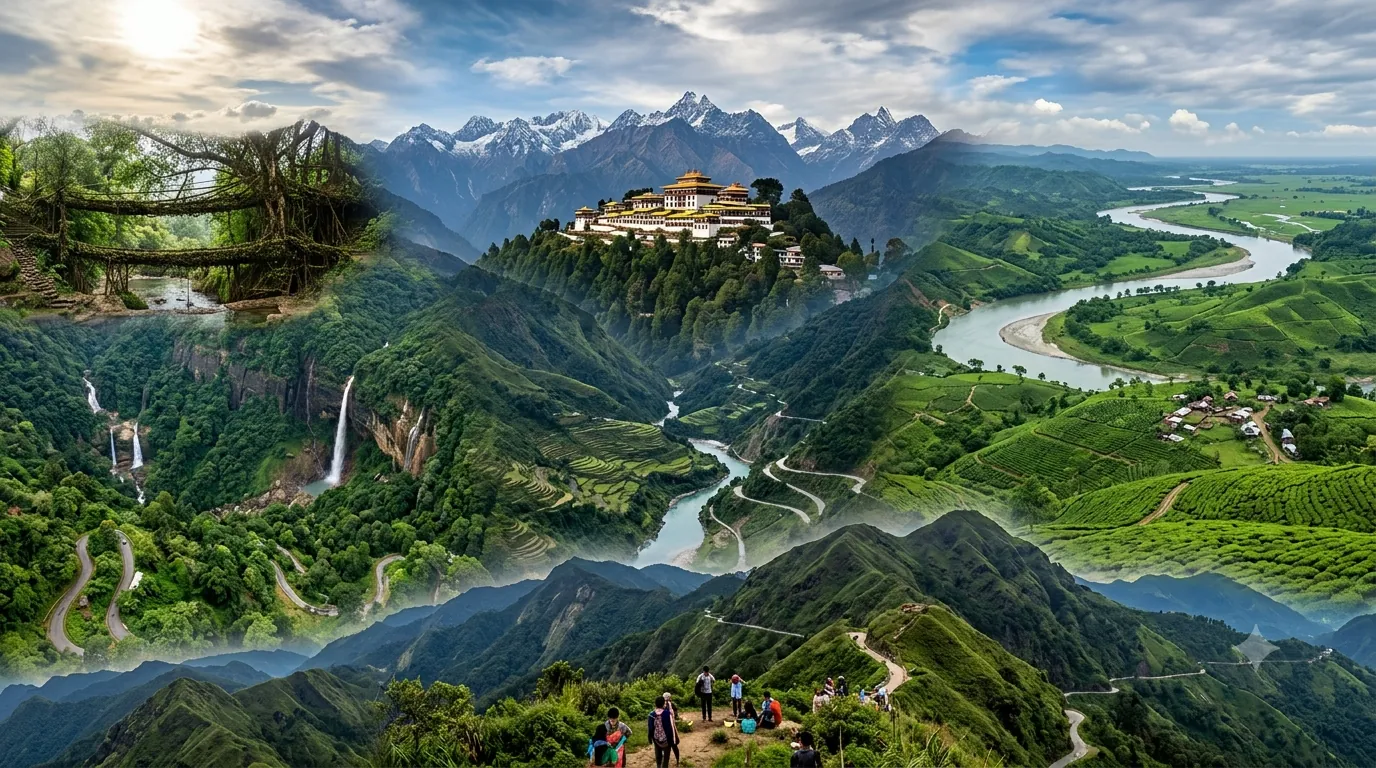 Collage of root bridges, waterfalls, Tawang monastery and green Northeast valleys