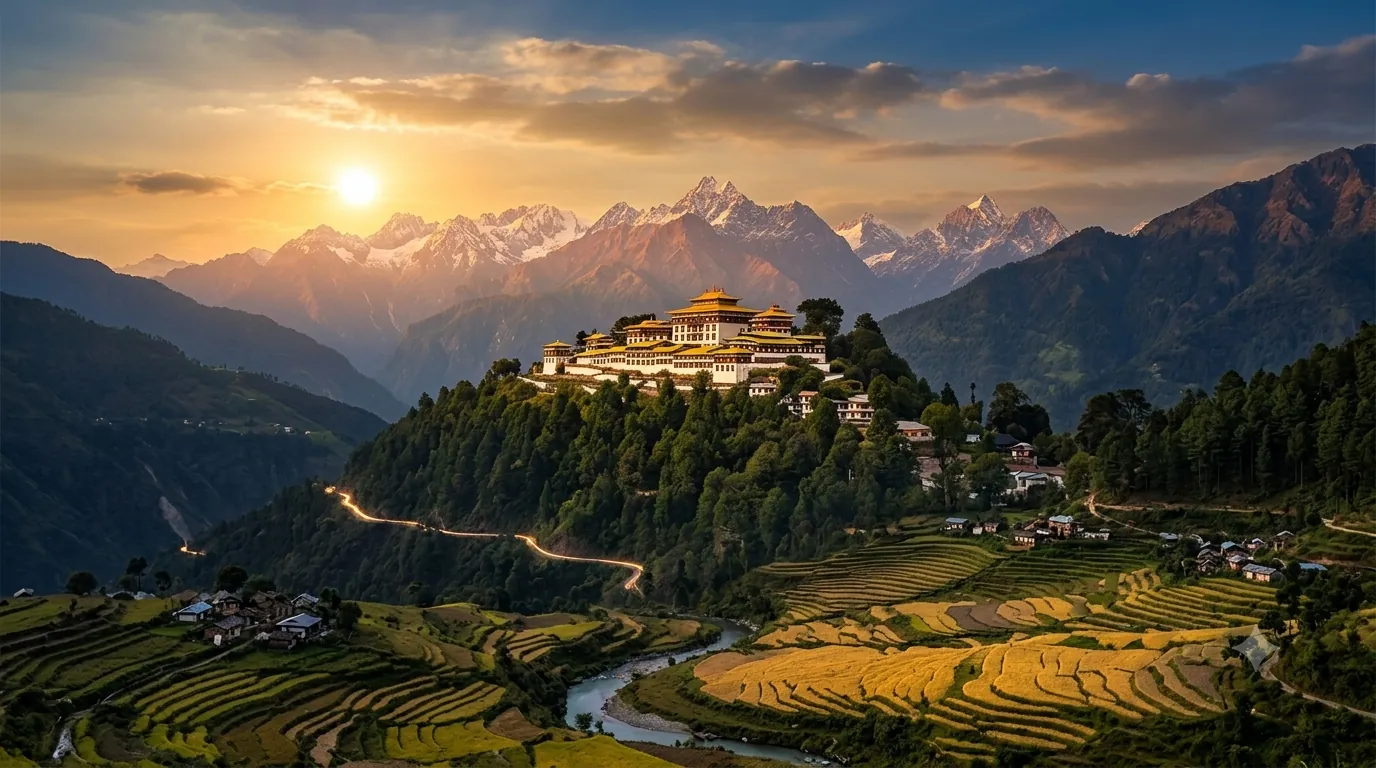 Tawang monastery above golden terraced fields with snow peaks behind